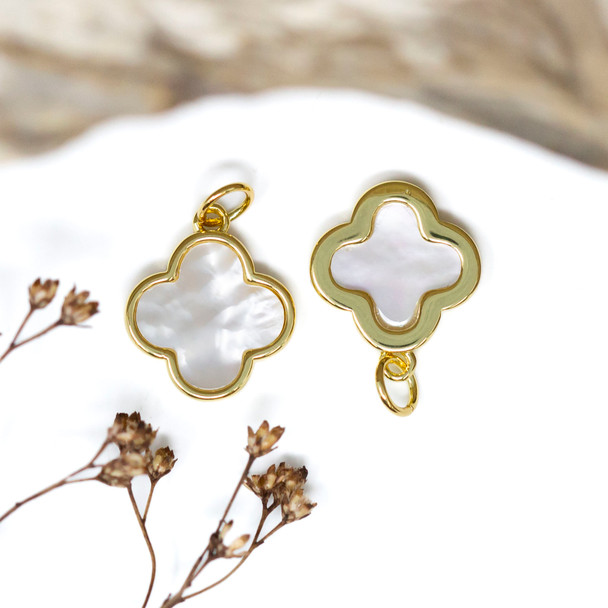 White Shell Polished Gold Plated 14mm Clover / Quatrefoil Shell Charm