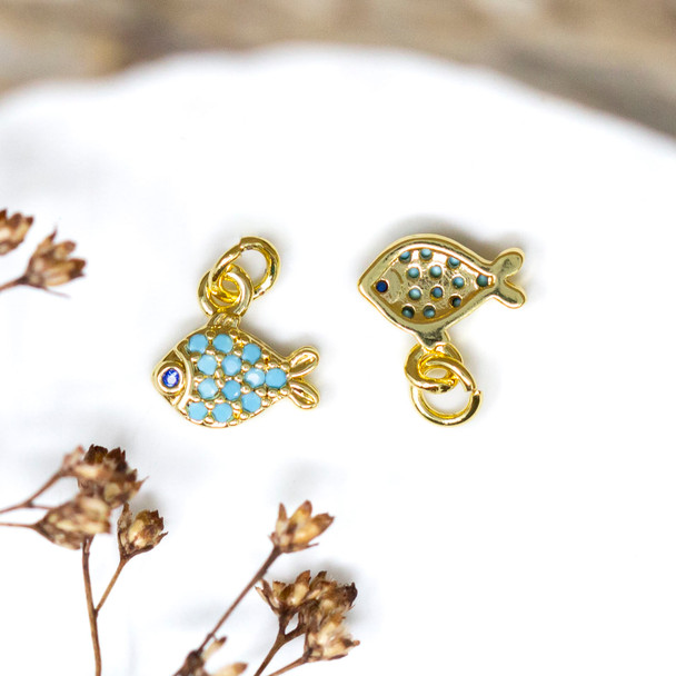 Gold Plated Micro Pave 9x6mm Turquoise Blue Fish Charm