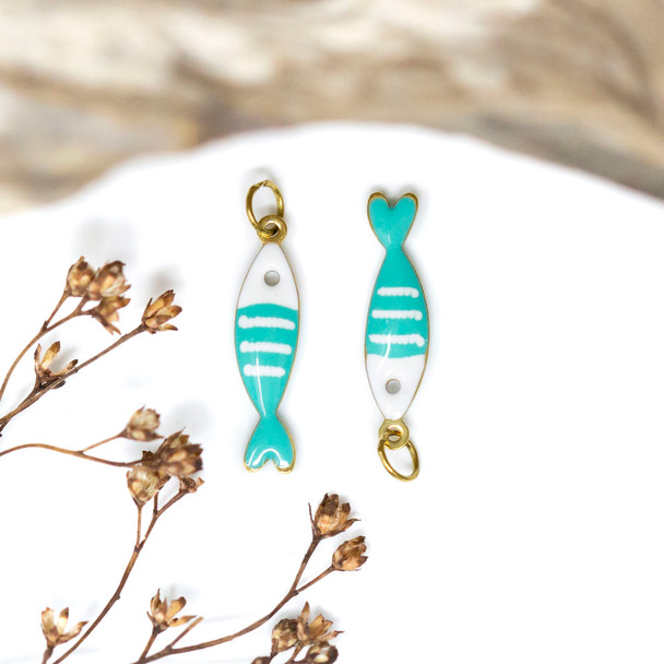 Gold Plated Stainless Steel Enamel 18x5mm Turquoise White Fish Charm