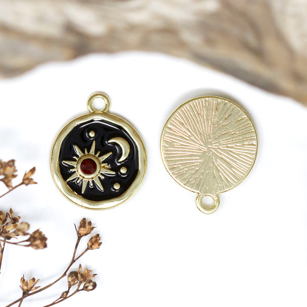 Gold Plated Black Enamel 17mm CZ Sun & Moon Charm