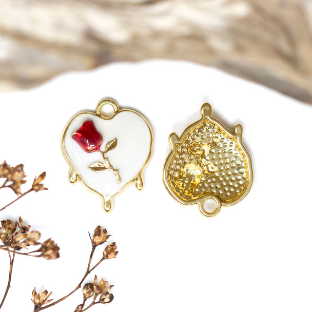 Gold Plated Enamel 19x15mm White Melting Heart with Rose Charm
