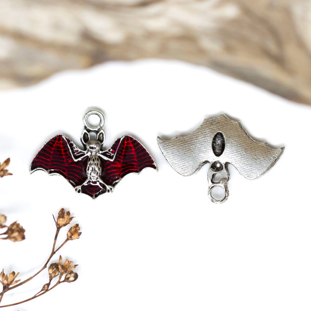 Silver Plated Enamel 15x22mm Red Bat Charm