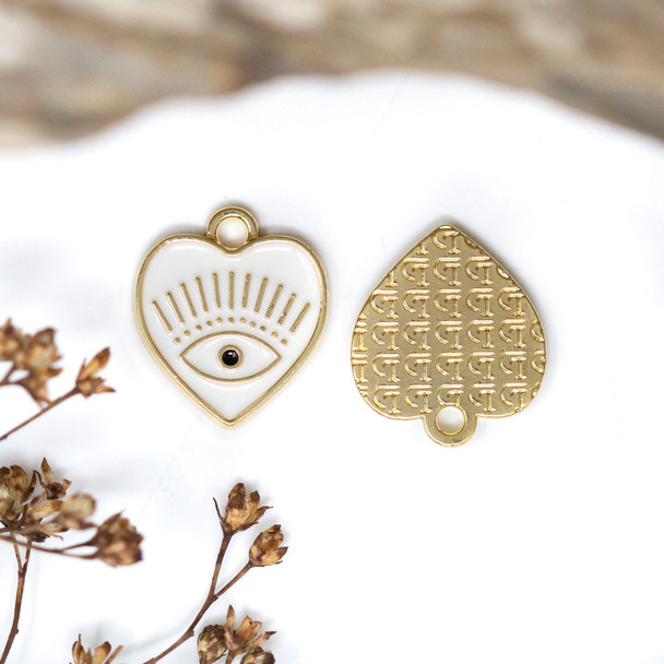 Gold Plated Enamel 13mm  White Evil Eye Heart Charm