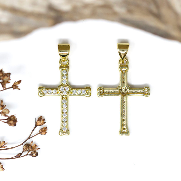 Gold Plated 23x15mm Micro Pave Heart Cross Charm