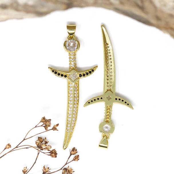 Gold Plated Micro Pave 48x21mm Sword Pendant