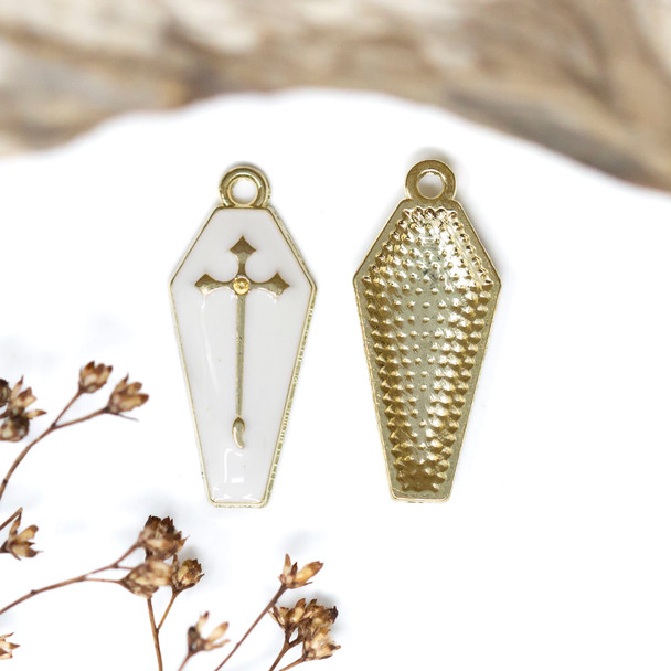 Gold Plated Enamel 26x12mm  White Cross Coffin Charm