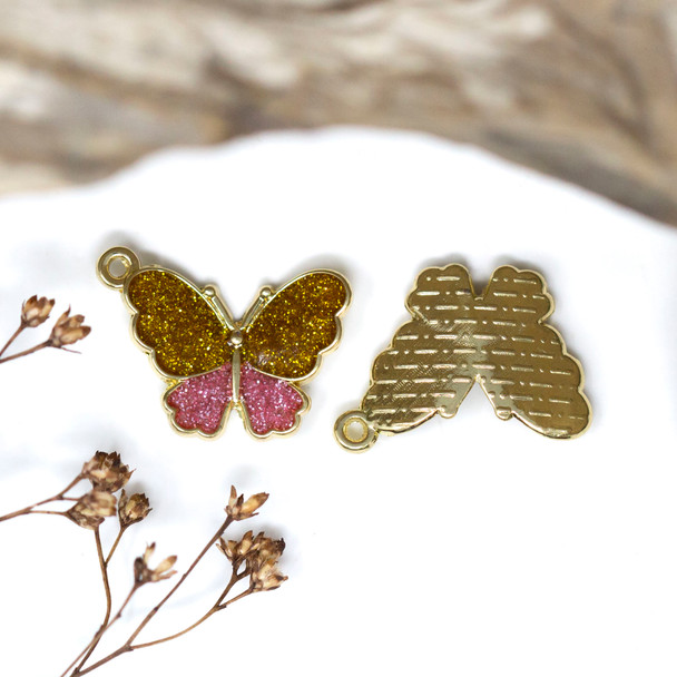 Gold Plated Enamel 15x20mm Pink and Peru Glitter Butterfly Charm
