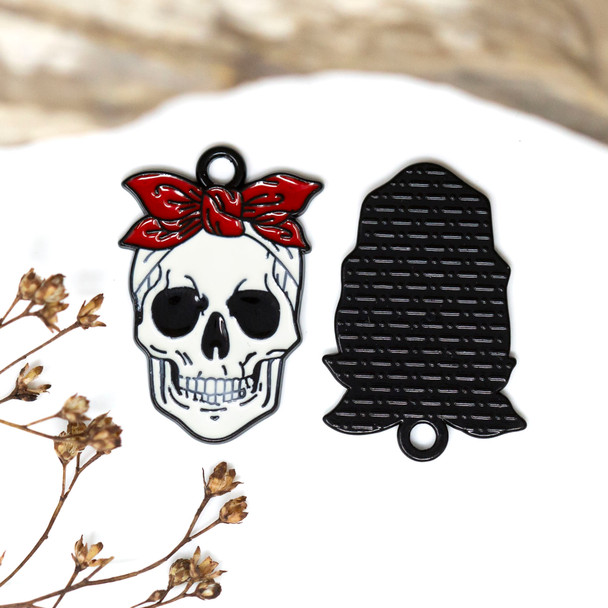Black Plated Enamel 27x18mm Red Bow Skull Charm