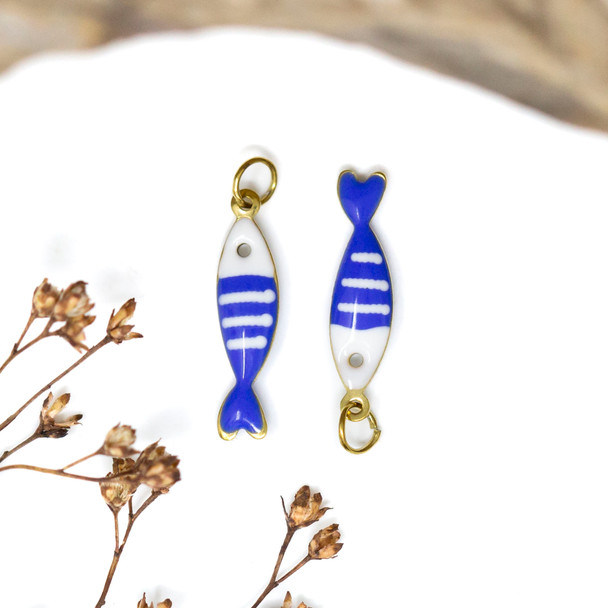 Gold Plated Stainless Steel Enamel 18x5mm Blue White Fish Charm