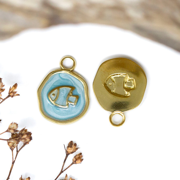 Gold Plated Stainless Steel Enamel 13mm Blue Fish Charm