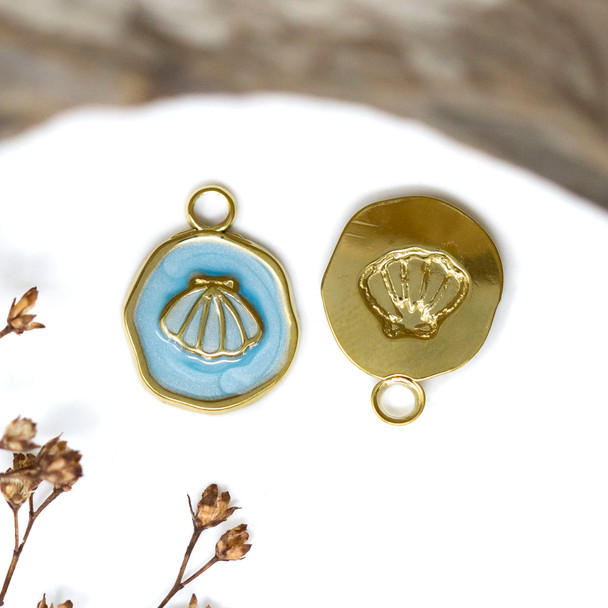 Gold Plated Stainless Steel Enamel 13mm Blue Shell Charm