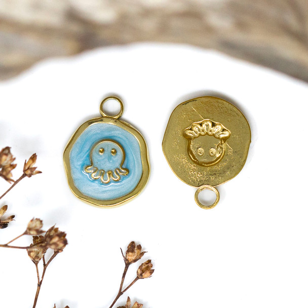 Gold Plated Stainless Steel Enamel 13mm Blue Jellyfish Charm