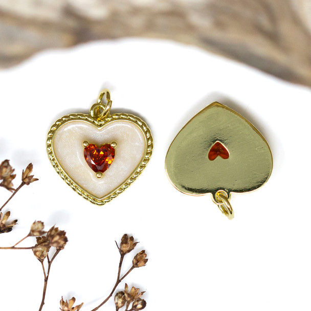 Gold Plated White Enamel 17mm Red Heart Charm