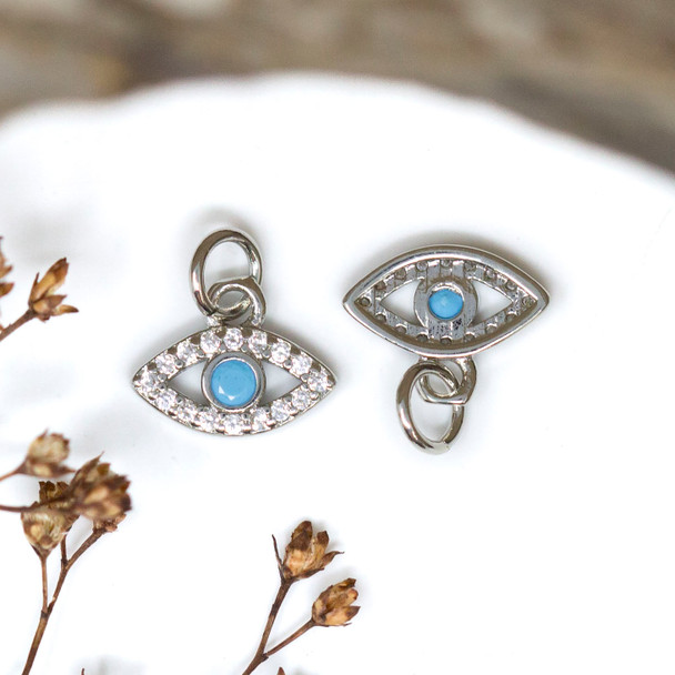 Silver Plated Micro Pave 12x8mm Blue Evil Eye Charm