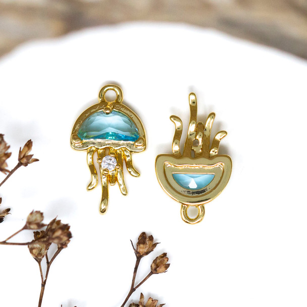 Gold Plated Micro Pave 17x10mm Blue Jellyfish Charm