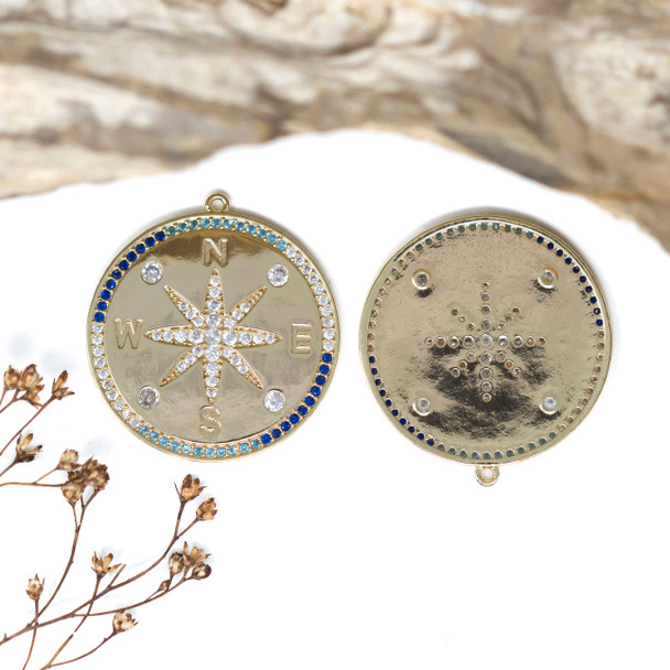 Gold Plated Micro Pave 30mm Multi Color Compass Pendant