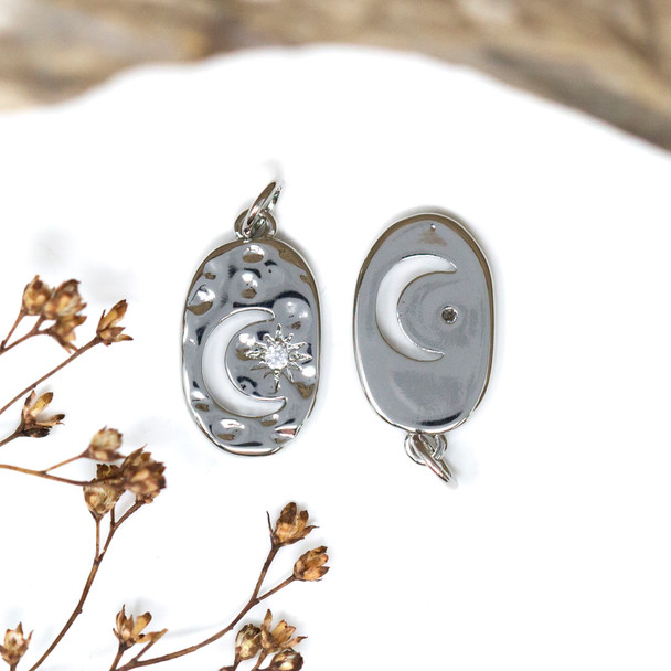 Silver Plated Micro Pave 18x10mm Oval Star & Moon Charm