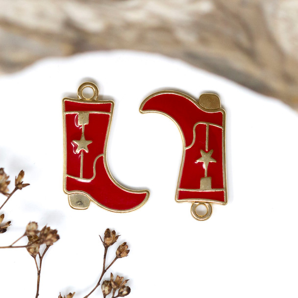 Gold Plated Enamel 26x16mm Red Cowboy Boot Charm