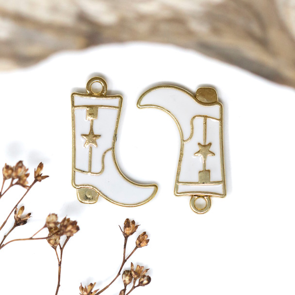Gold Plated Enamel 26x16mm White Cowboy Boot Charm