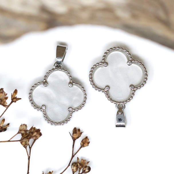 White Shell Polished Silver Plated 15.5mm Clover / Quatrefoil Shell Charm
