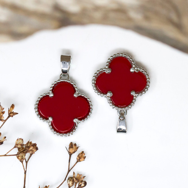 Silver Plated 15.5mm Red Clover / Quatrefoil Shell Charm