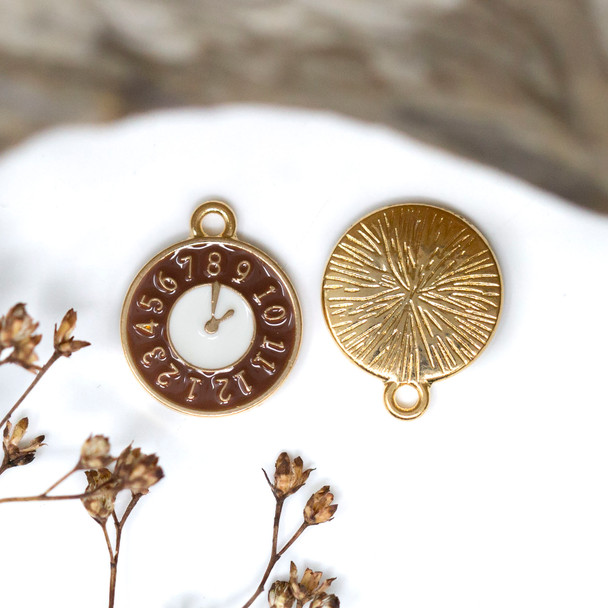 Brown & White Plated Enamel 12mm Clock Charm