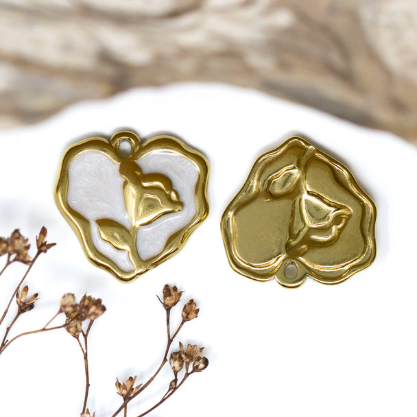Gold Plated Stainless Steel Enamel 22mm White Heart Rose Charm