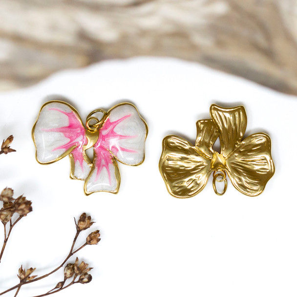 Gold Plated Stainless Steel Enamel 17x21mm Pink Bow Charm