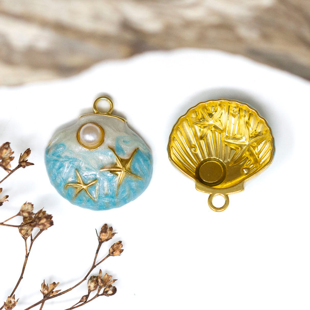 Gold Plated Stainless Steel Enamel 18x20mm Blue & White Pearl Ocean Shell Charm