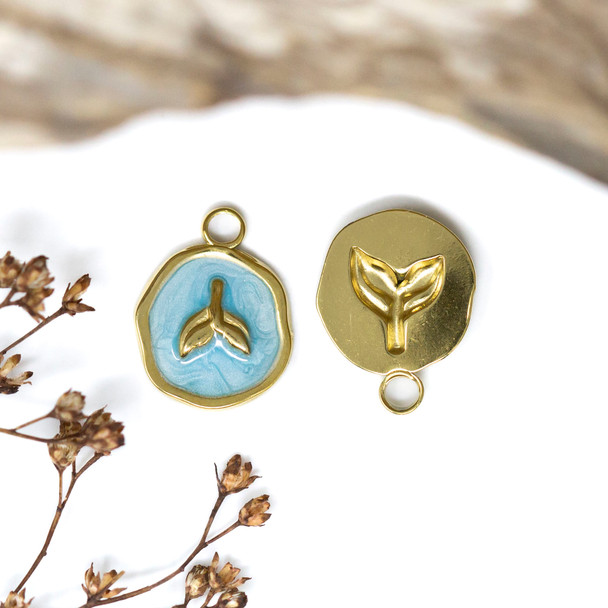 Gold Plated Stainless Steel Enamel 13mm Blue Fish Tail Charm