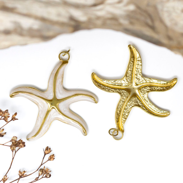 Gold Plated Stainless Steel Enamel 34mm White Starfish Charm