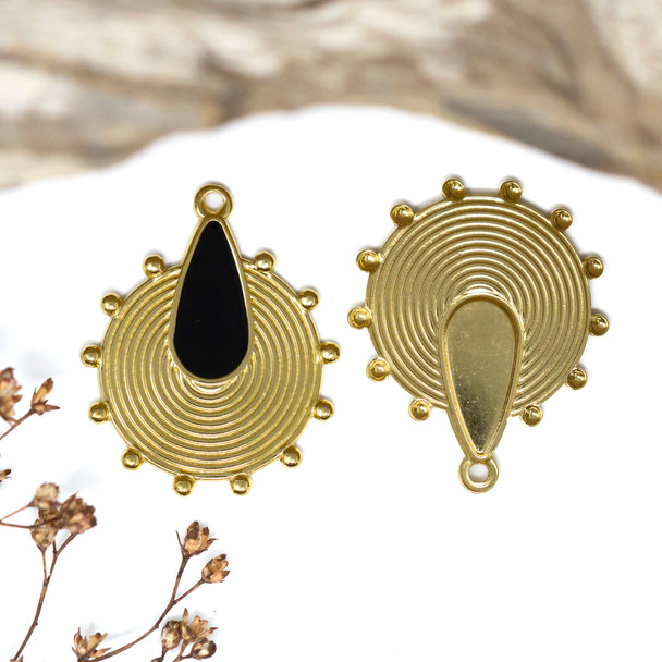 Gold Plated Stainless Steel Enamel 29x24mm Black Drop Charm