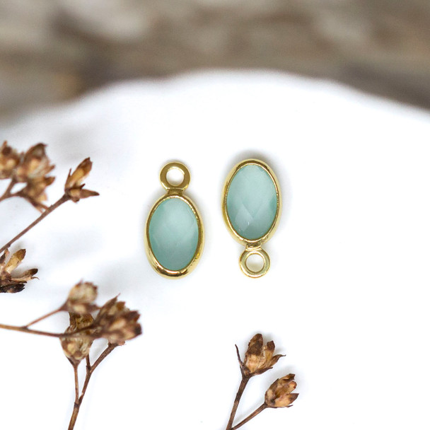 Gold Plated Micro Pave 4.7x9mm Seagreen Oval Charm