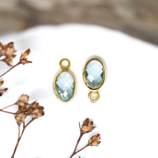 Gold Plated Micro Pave 4.7x9mm Aqua Oval Charm