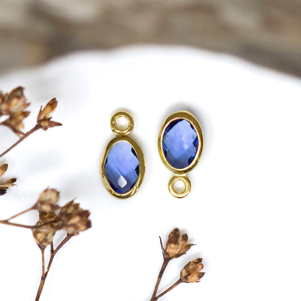Gold Plated Micro Pave 4.7x9mm Blue Oval Charm