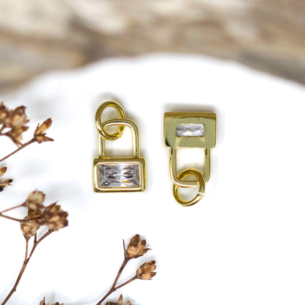 Gold Plated Micro Pave 7x10mm Rectangle Lock Charm