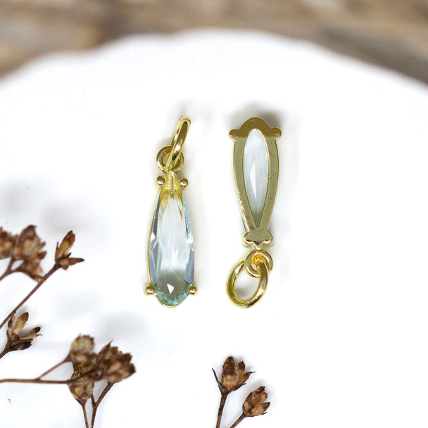 Gold Plated Micro Pave 15x5mm Soft Aqua Drop Charm