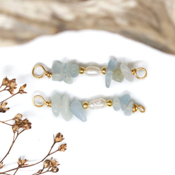 Aquamarine & Freshwater Pearl Polished 34x5mm Wire Wrapped Link