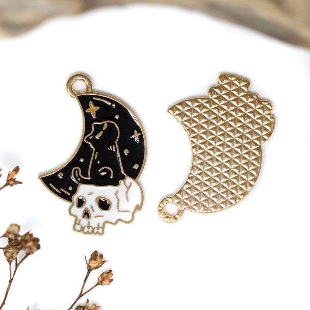 Gold Plated Enamel 26x12mm Moon & Skull Charm