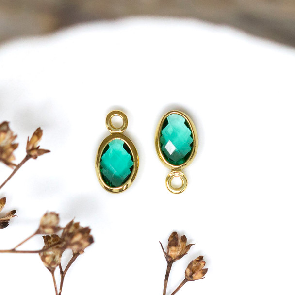 Gold Plated Micro Pave 4.7x9mm Teal  Oval Charm