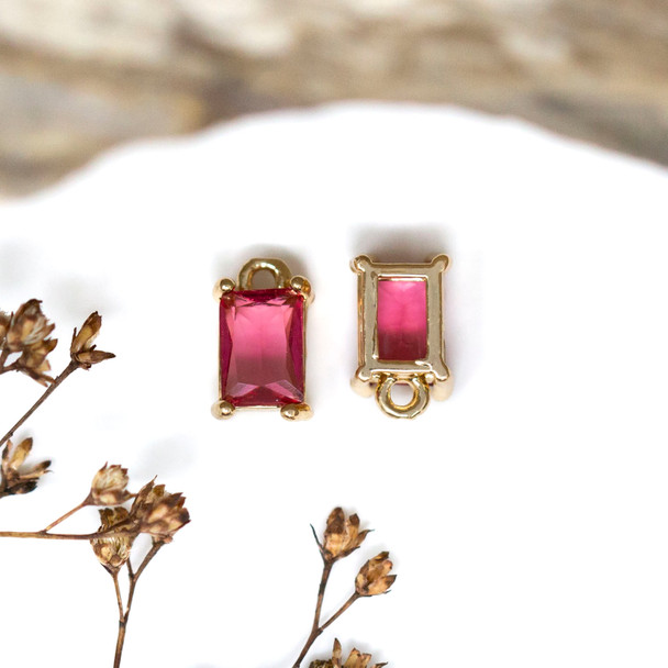 Gold Plated 10x6mm Cerise Rectangle Glass