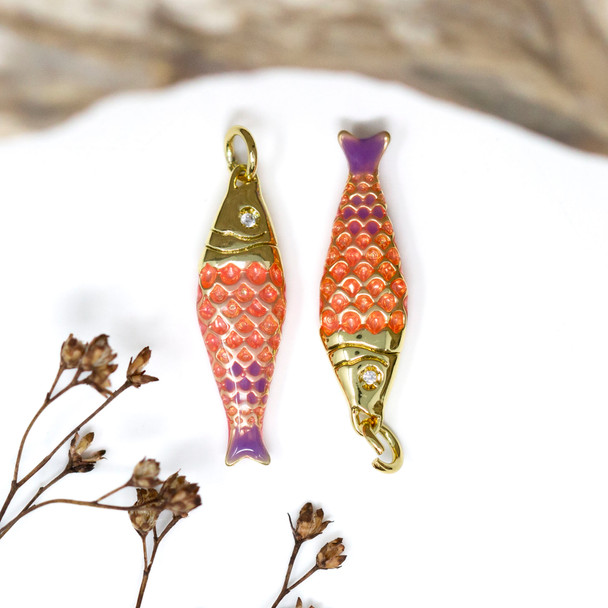 Gold Plated Enamel 25x8mm CZ Pink Fish Charm