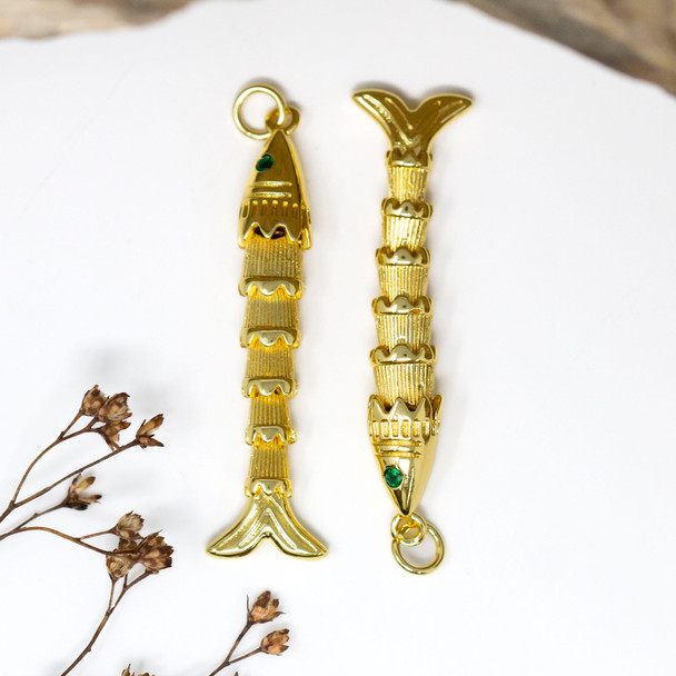 Gold Plated Green Micro Pave 43x7mm Sardine Fish Charm