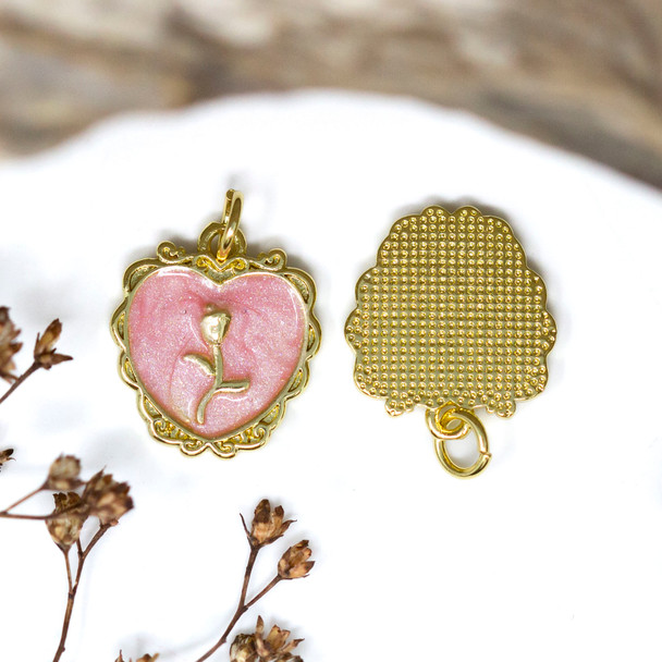 Gold Plated Enamel 15mm Pink Heart Rose Charm