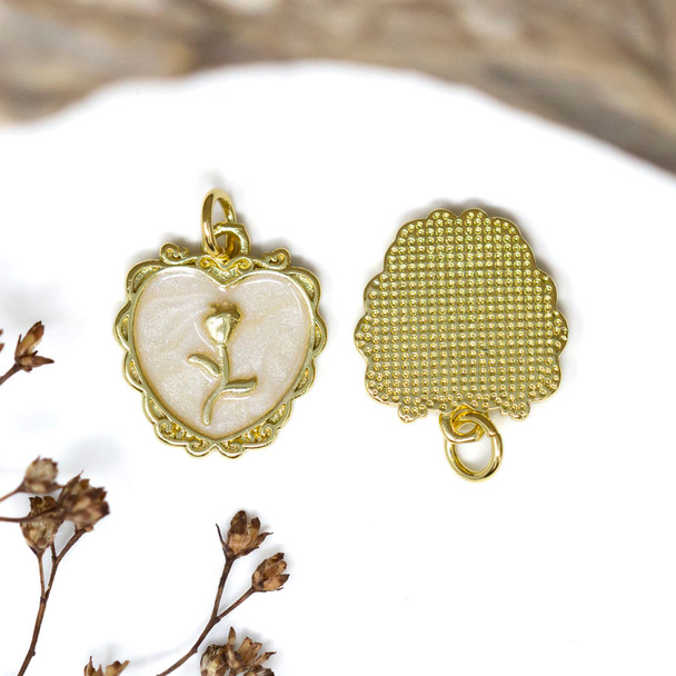 Gold Plated Enamel 15mm White Heart Rose Charm