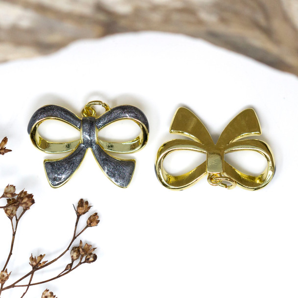 Gold Plated Enamel 24x16mm Grey Bow Charm