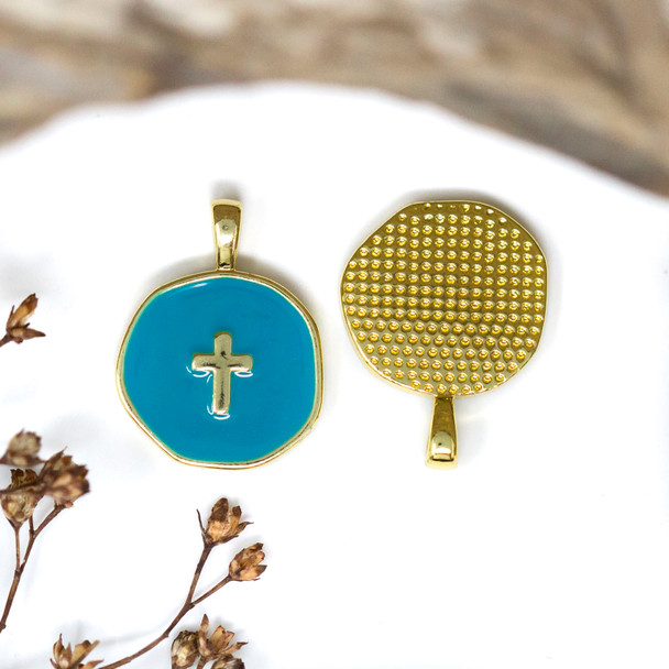 Gold Plated Enamel 13.5mm Blue Cross Coin Charm