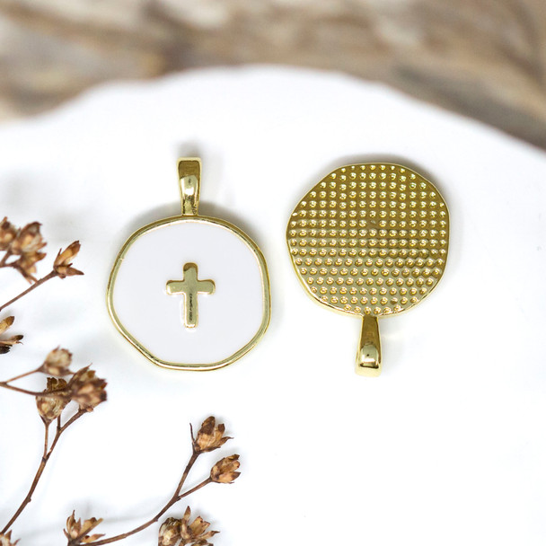 Gold Plated Enamel 13.5mm White Cross Coin Charm