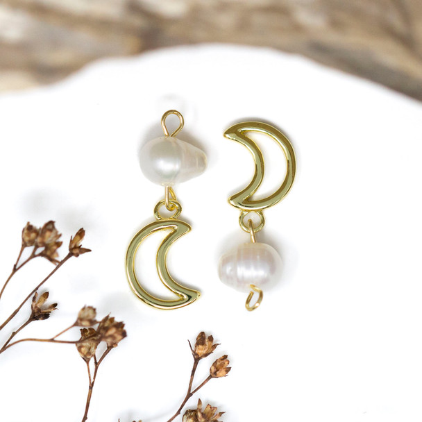 Gold Plated 21x7mm Open Moon & Freshwater Pearl Charm