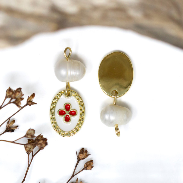 Gold Plated 9x22mm Red Flower & Freshwater Pearl Oval Charm